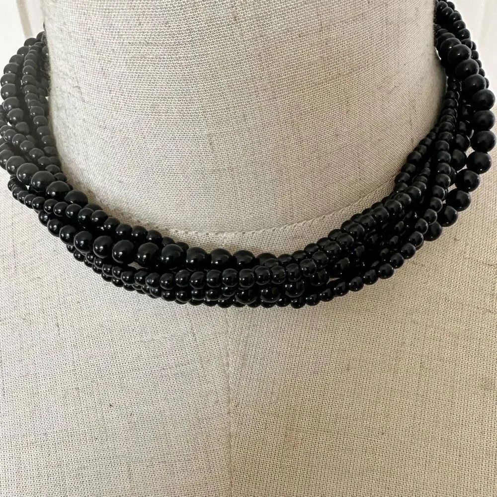 Trifari black beaded multi strand choker necklace